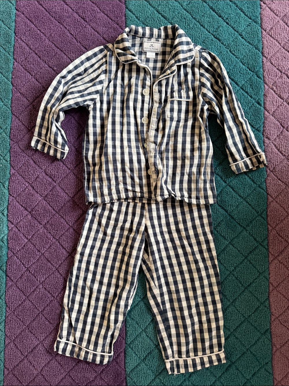 Petite Plume navy gingham pj set size 3
